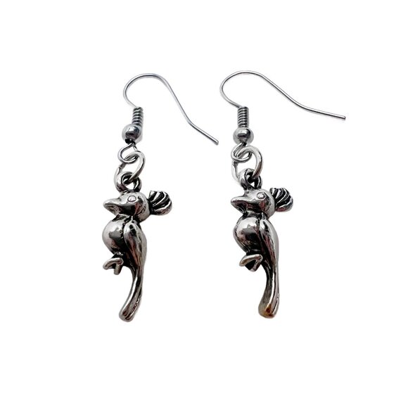 Jewelry - Bird Woodpecker Dangle Earrings Shiny Silver Tone Hook Ear Wires
